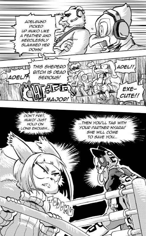 anthro beak breasts clothed clothing dialogue ellipsis female profanity text daigaijin furryfight_chronicles cookie_(furryfight_chronicles) harry_fishkopp mellow_(furryfight_chronicles) nyarai_(furryfight_chronicles) avian bear bird canid canine canis domestic_dog fish mammal marine poodle salmon salmonid_(fish) comic english_text hi_res monochrome