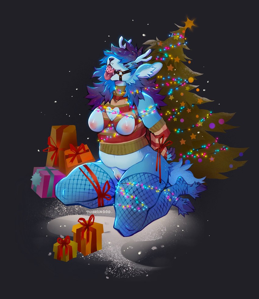 anthro areola arms_tied ball_gag bdsm black_nose blue_body blue_countershading blue_ears blue_fur blue_hair blue_hooves blue_horn blue_inner_ear_fluff blue_tail bondage bottomless bound christmas_decorations christmas_lights christmas_present christmas_tree clothed clothing countershading female fishnet_clothing fishnet_legwear fur gag genitals gift gloves gradient_hair hair handwear holidays hooves horn inner_ear_fluff kneeling legwear lights multicolored_clothing multicolored_gloves multicolored_hair multicolored_handwear multicolored_vest navel nipples overweight overweight_anthro overweight_female partially_clothed pink_nipples pink_pussy plant purple_hair pussy red_tongue snow solo submissive submissive_anthro submissive_female tail tongue tree tuft two_tone_hair nudelinooo christmas deer mammal 2024 digital_media_(artwork) full-length_portrait hi_res portrait