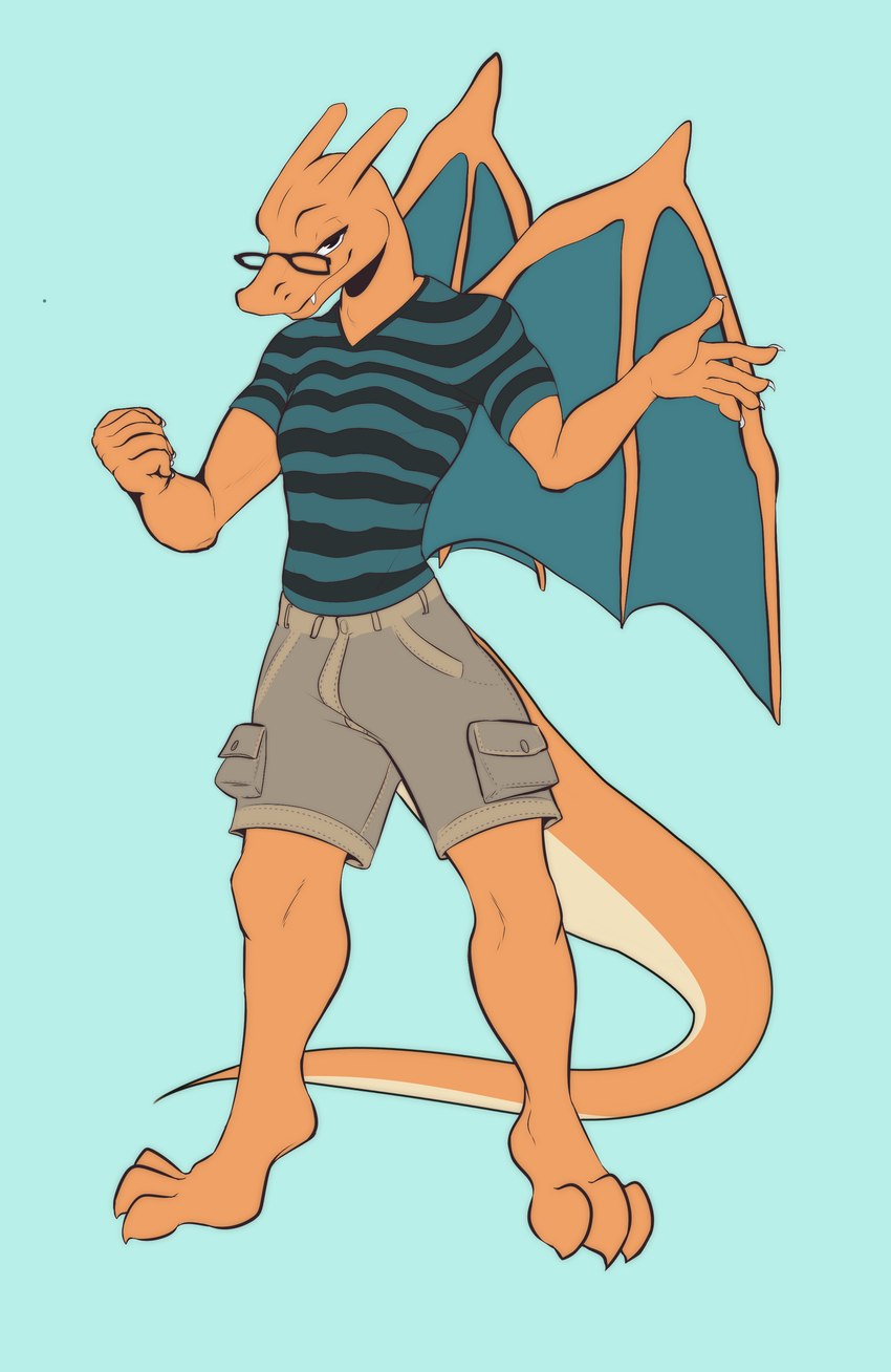 anthro bottomwear cargo_pants clothed clothing countershading eyewear fully_clothed glasses looking_at_viewer orange_body pants poking shirt solo standing tail topwear wings mendobear nintendo pokemon charizard generation_1_pokemon pokemon_(species) absurd_res digital_drawing_(artwork) digital_media_(artwork) flat_colors full-length_portrait hi_res portrait