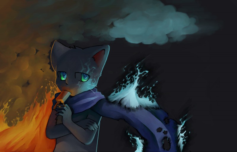 anthro dessert fire food ice_cream male popsicle scarf simple_background smoke solo unknown_artist bittersweet_candy_bowl mike_(bcb) domestic_cat felid feline felis korat_cat mammal hi_res