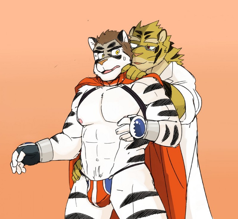 abs anthro biceps cosplay duo eyewear glasses grabbing_from_behind leucistic male male/male muscular nipples pecs standing genchi build_tiger buttertoast felid mammal pantherine tiger 2013