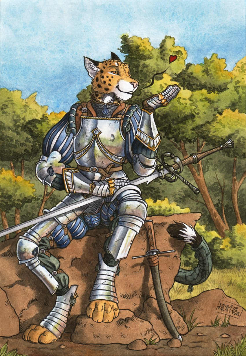 anthro armor bottomwear breastplate buckle bulge chainmail clothing cuisse digitigrade ears_up flirting gauntlets gloves greaves handwear heart_symbol holding_object holding_weapon light longsword looking_forward male markings melee_weapon orange_eyes outside pants plant plate_armor rock shirt shortsword sitting solo straps sunlight sword tail tail_markings topwear tree weapon 0laffson enorach_(0laffson) cheetah felid feline mammal 2022 dated hi_res signature traditional_media_(artwork)