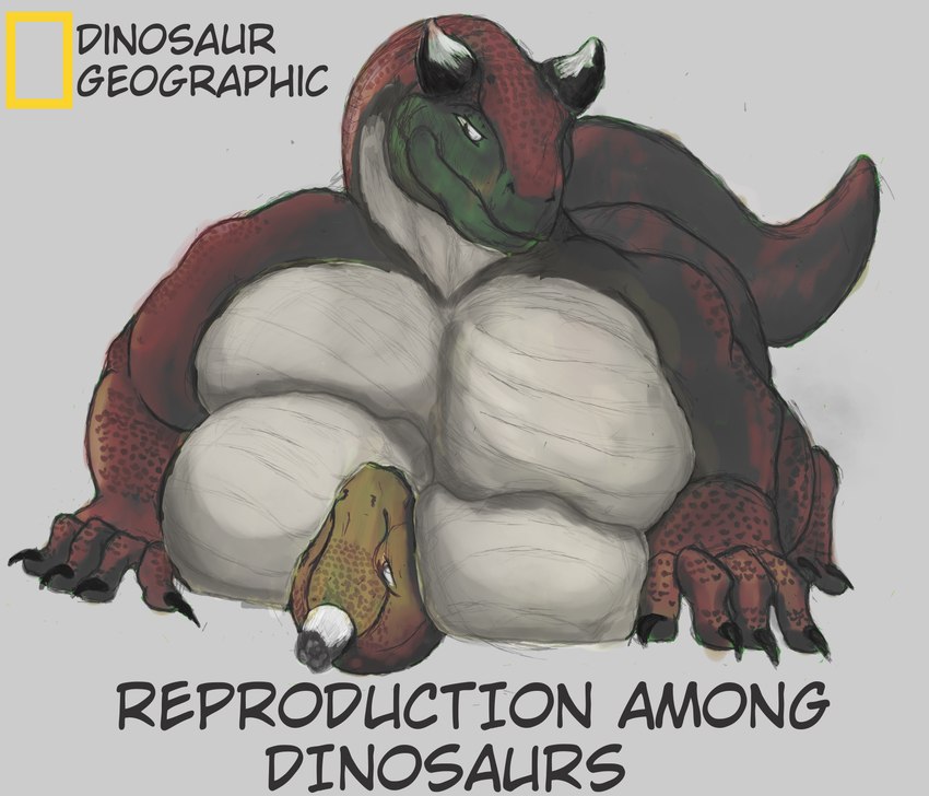 anthro big_breasts breasts claws dominant duo female female/female female_on_bottom female_on_top horn huge_breasts on_bottom on_top red_body text nalgueon abelisaurid carnotaurus dinosaur humanoid majungasaurus prehistoric_species reptile scalie theropod absurd_res english_text hi_res