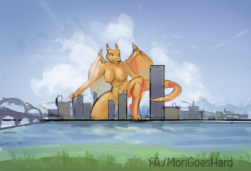 anthro breasts city city_background female horn landscape_dwarfing larger_female macro membrane_(anatomy) membranous_wings outside sitting size_difference sky solo speedpaint tail wings morigoeshard mythology nintendo pokemon chari-gal fan_character charizard dragon generation_1_pokemon mythological_creature mythological_scalie pokemon_(species) scalie colored hi_res shaded sketch