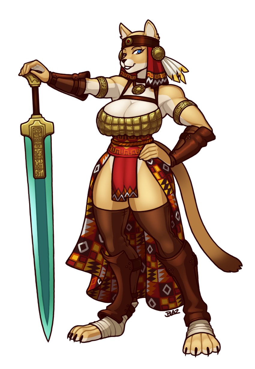 anthro armlet big_breasts blue_eyes breasts clothed clothing dipstick_tail eyebrows feet female fur hand_on_hip leg_wraps legwear markings melee_weapon solo sword tail tail_markings tan_body tan_fur thick_thighs weapon wraps blazbaros dungeons_and_dragons hasbro wizards_of_the_coast felid mammal tabaxi 2024 hi_res