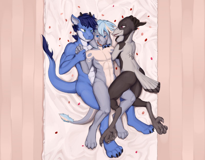 anthro blush cuddling female floor group group_sex hair male male/female male/male nude open_mouth sex simple_background smile tail threesome trio wings tala128 mythology aeron avian bird dragon mythological_creature mythological_scalie scalie digital_media_(artwork)