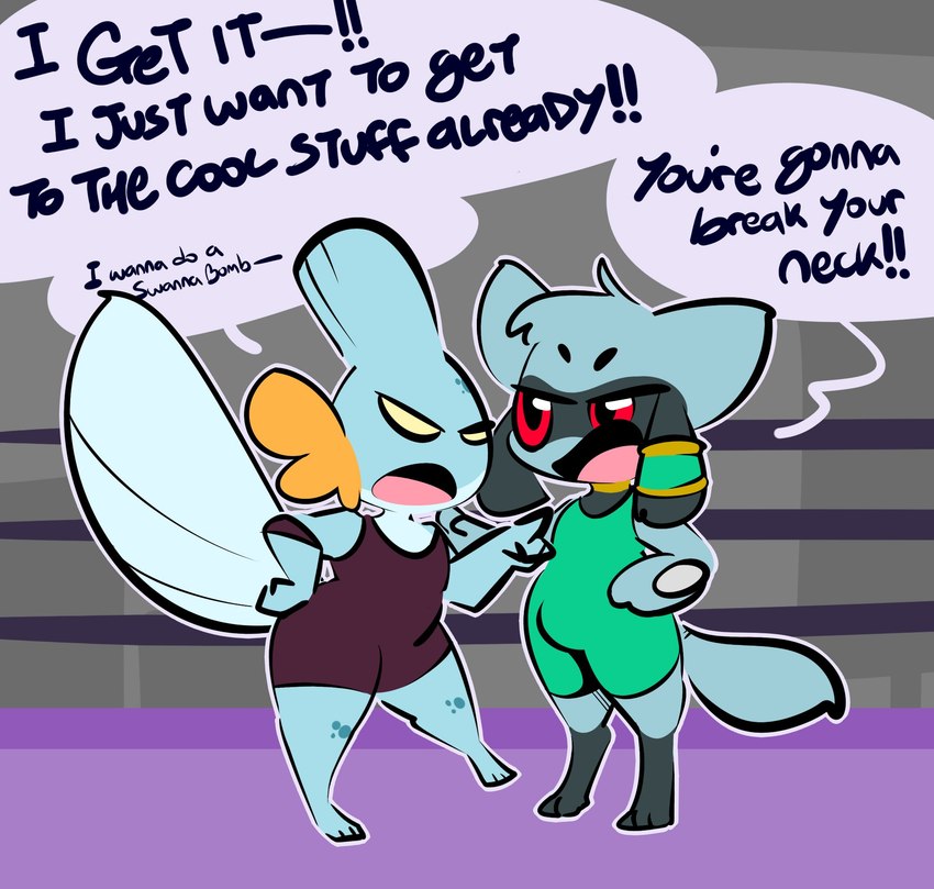 anthro bickering bulge dialogue duo female fighting_ring freckles jewelry male red_eyes tail talking_to_another text wrestling_outfit 1upgobbo nintendo pokemon anubis_(1upgobbo) noh_(1upgobbo) generation_3_pokemon generation_4_pokemon mudkip pokemon_(species) riolu 2024 english_text hi_res