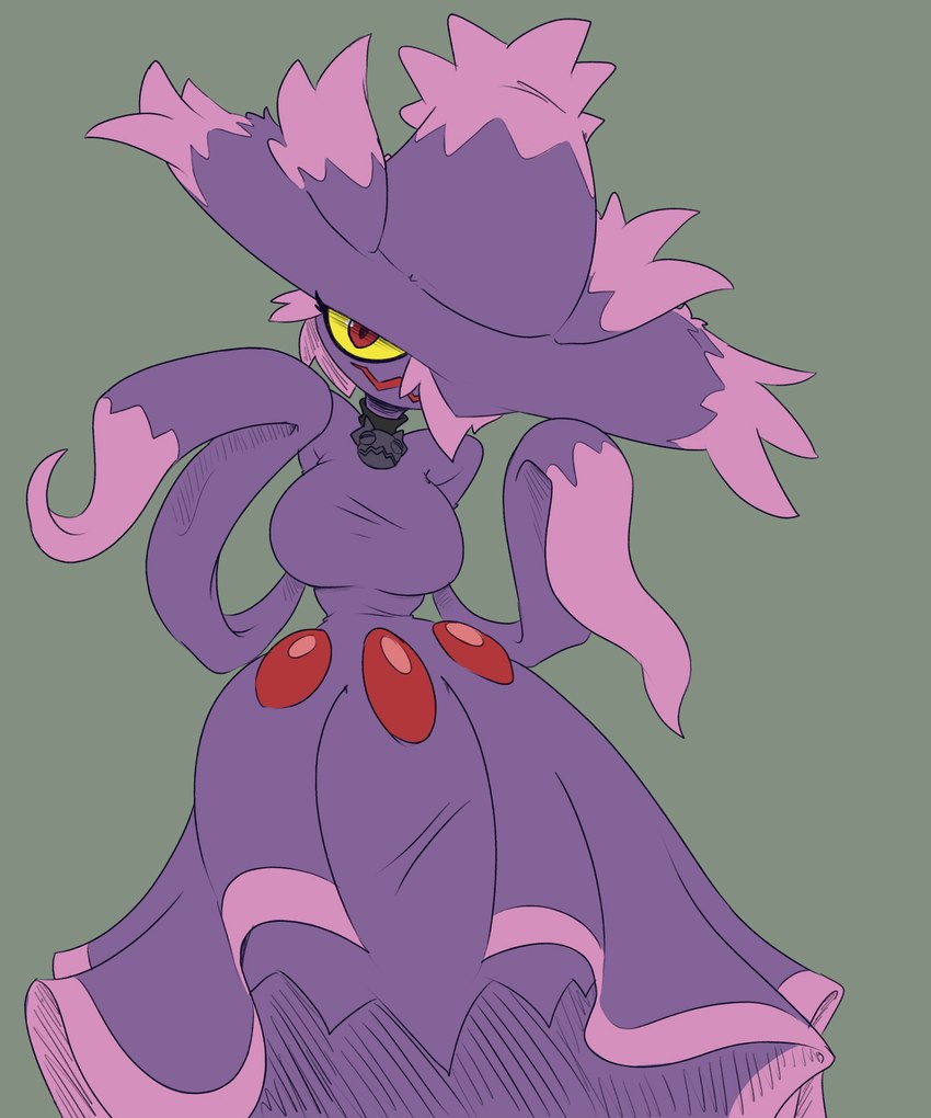 anthro breasts clothing collar female gem grey_background hat headgear headwear legless one_eye_obstructed one_eye_visible purple_body red_eyes simple_background smile solo imric1251 nintendo pokemon generation_4_pokemon mismagius pokemon_(species) 5:6 hi_res