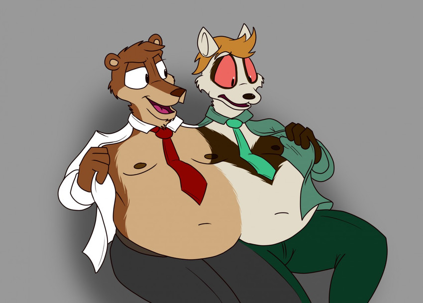 anthro belly conjoined duo male male/male stuck_together wide_dicephalous theyton bear domestic_ferret mammal mustelid musteline true_musteline weasel