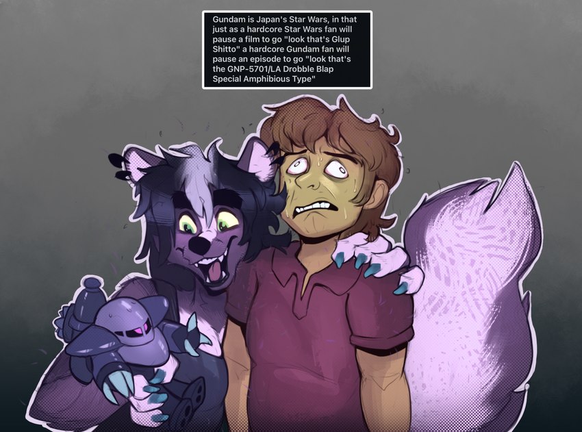 anthro brown_eyes claws clothing derp_eyes duo fangs female finger_claws fluffy fluffy_tail fur gradient_background green_eyes grey_background hair holding_object holding_toy male open_mouth open_smile purple_body purple_fur purple_hair red_clothing red_shirt red_topwear shirt short_hair simple_background smile tail teeth text tongue topwear toy sharkrags gundam dizzi_(sharkrags) human mammal mephitid skunk english_text hi_res shaded