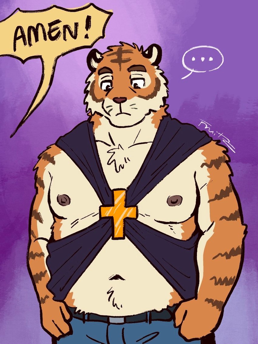 anthro bottomwear chest_tuft christian_cross christian_symbol christianity clothing cross denim denim_bottomwear denim_clothing ellipsis exposed_chest jeans male moobs nipples offscreen_character pants purple_background religion simple_background solo speech_bubble stocky text tuft unimpressed fruitz felid mammal pantherine siberian_tiger tiger 2024 3:4 colored digital_media_(artwork) english_text hi_res signature