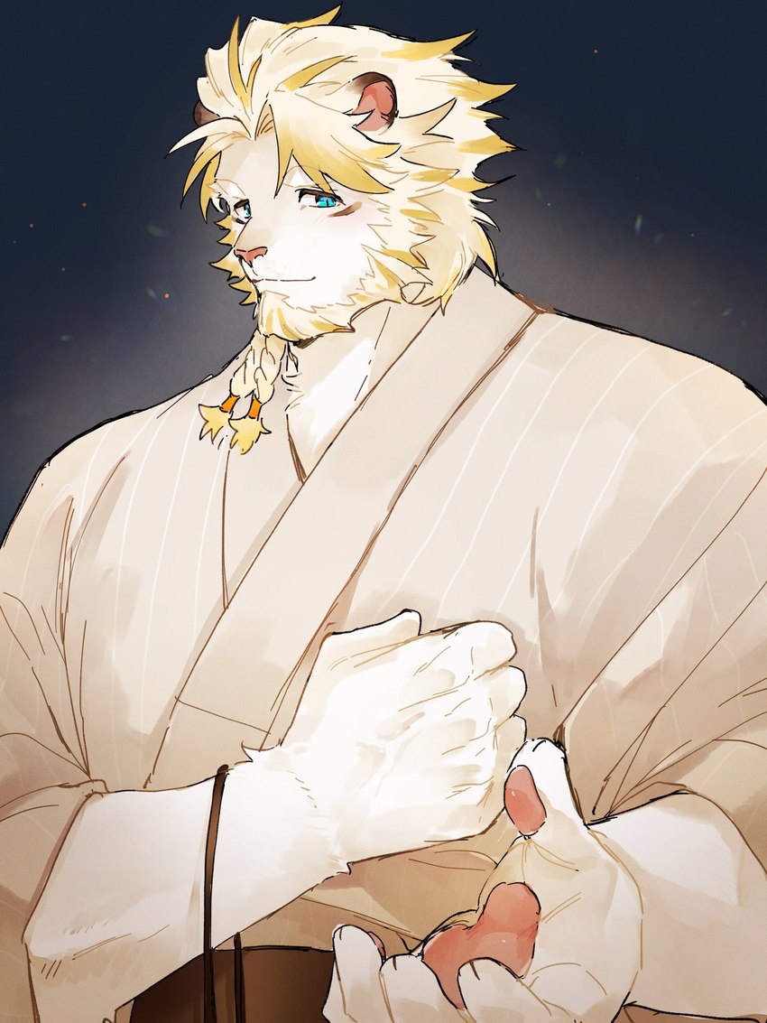 anthro asian_clothing blonde_hair blue_eyes braided_hair clothing east_asian_clothing facial_hair fur hair japanese_clothing kimono male pawpads solo white_body white_fur hagio_graphy lifewonders live_a_hero astosis felid lion mammal pantherine 3:4 hi_res