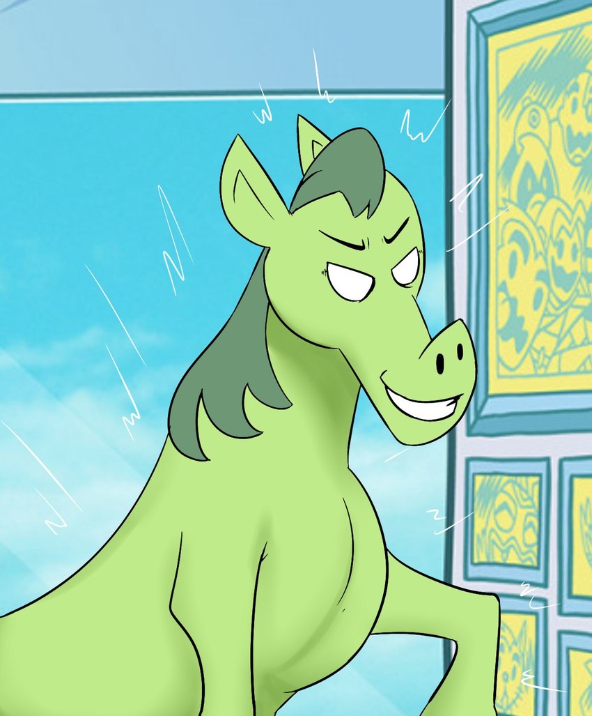 >:) clenched_teeth detailed_background feral green_body green_hair green_skin hair inside long_hair male pose short_ears smile smug smug_face solo standing teeth jinasault cartoon_network dc_comics teen_titans teen_titans_(television_series) teen_titans_go! beast_boy equid equine horse mammal 2023 hi_res