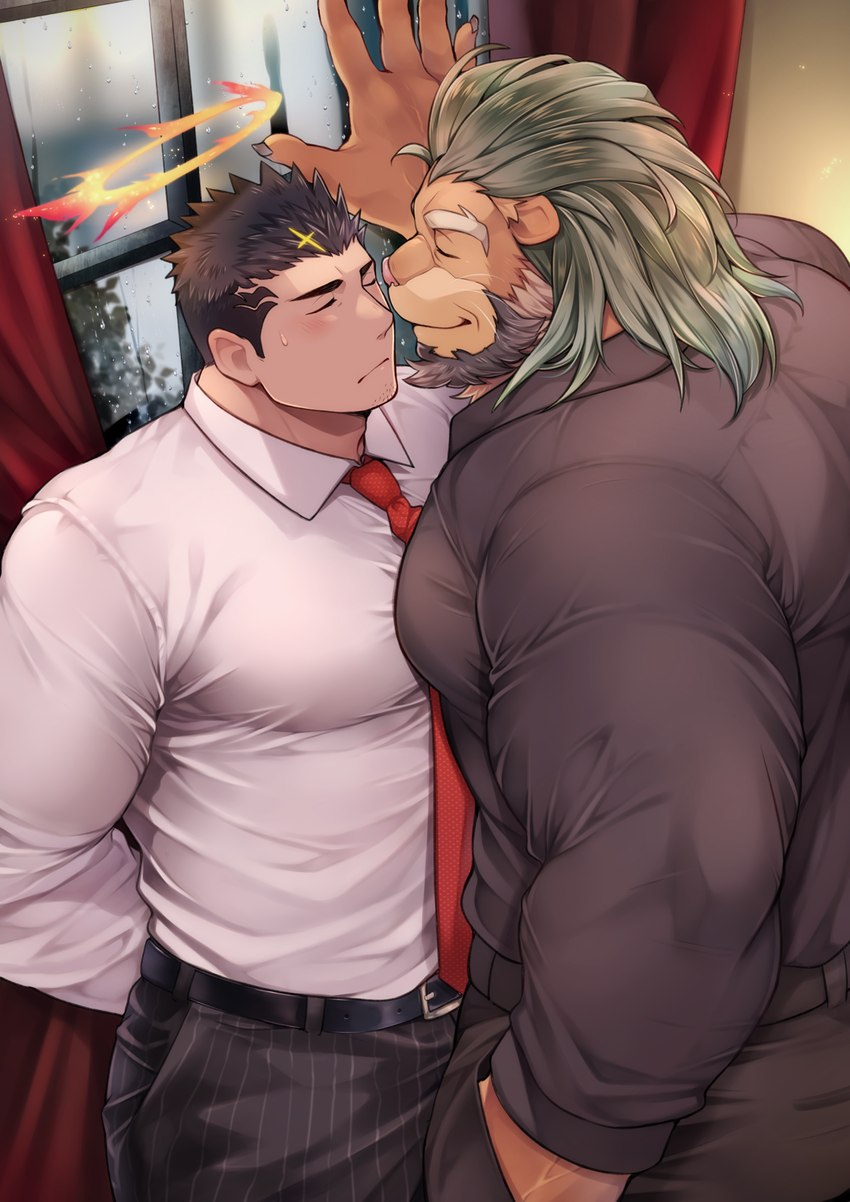 anthro beard bodily_fluids duo facial_hair fur male male/male muscular muscular_anthro muscular_male sweat window youzora_samo18 lifewonders tokyo_afterschool_summoners arsalan_(tas) zabaniyya_(tas) angel felid human lion mammal pantherine hi_res