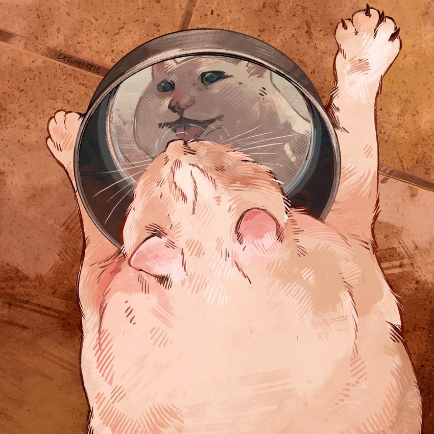 ambiguous_gender bowl container drinking feral fur green_eyes obese open_mouth overweight reflection solo tongue water whiskers white_body white_fur catwheezie domestic_cat felid feline felis mammal 1:1 absurd_res hi_res