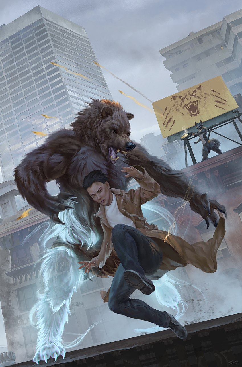 anthro book brutalist_architecture chase city fantasy group male neo-classical_architecture rooftop running town trio conditional_dnp latex_(artist) mythology bear canid canine canis human mammal mythological_canine mythological_creature werecanid werecanine werecreature wereursid werewolf wolf 2024 hi_res