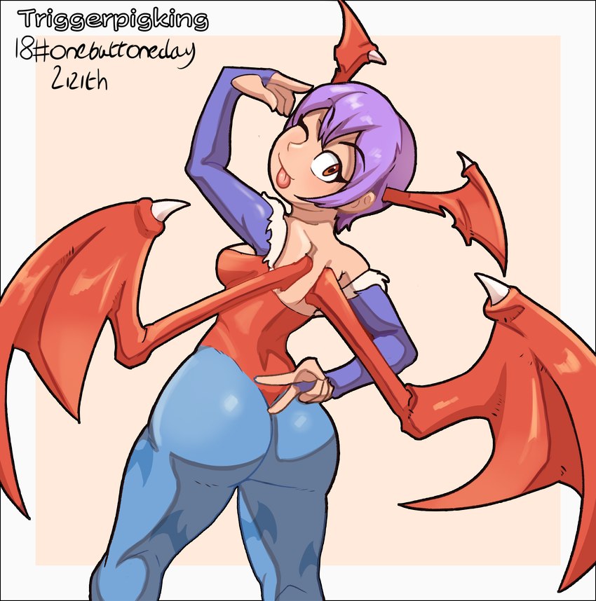 big_butt breasts butt clothed clothing female hair head_wings leotard looking_at_viewer looking_back looking_back_at_viewer membrane_(anatomy) membranous_wings not_furry purple_hair red_eyes simple_background smile smiling_at_viewer solo tongue tongue_out wings triggerpigart capcom darkstalkers lilith_aensland demon demon_humanoid humanoid 2024 hi_res