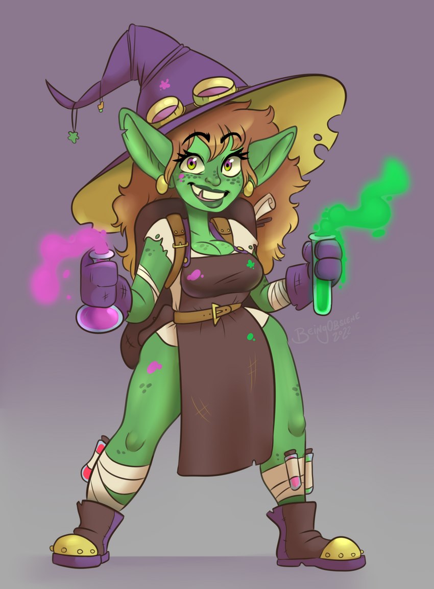 alchemist apron boots breasts clothing eyewear female footwear freckles goggles green_body grey_background hat headgear headwear holding_object holding_potion humanoid_pointy_ears looking_at_viewer not_furry pointy_ears potion shoes short_stack simple_background smile solo standing witch_hat beingobscene exile_of_aphrodisia goblin humanoid 2023 digital_media_(artwork) hi_res