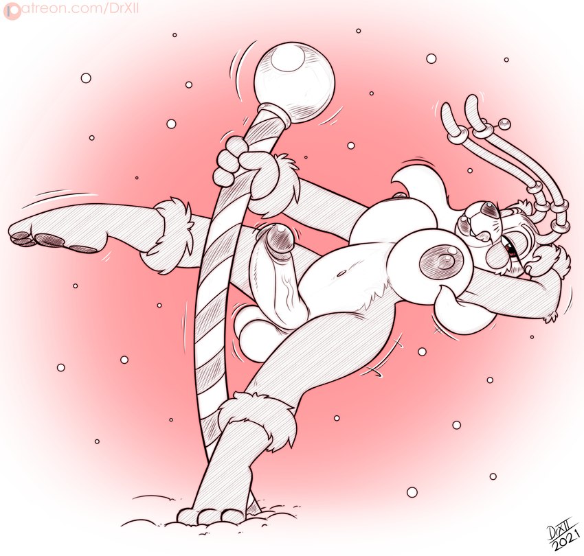 antennae_(anatomy) anthro balls big_breasts big_penis black_body breasts dancing erection fur genitals gynomorph hair huge_breasts humanoid_genitalia humanoid_penis intersex licking licking_lips looking_at_viewer nipples north_pole nude penis pole pole_dancing simple_background smile snow solo stripper_pole tongue tongue_out vein white_body white_fur drxii shi-niss bear foozle giant_panda mammal ursine digital_media_(artwork) hi_res