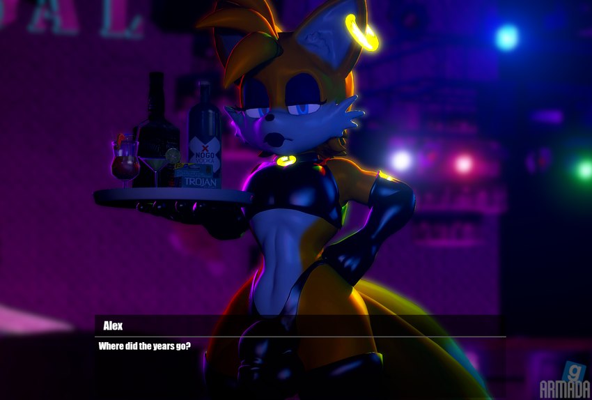 alcohol anthro beverage blurred_background bulge clothing condom_box dialogue ear_piercing ear_ring ears_up eyelashes femboy gloves handwear jewelry legwear lips makeup male necklace piercing platter ring_piercing shirt solo strip_club thick_lips thigh_highs topwear armada_(artist) garry's_mod sega sonic_the_hedgehog_(series) miles_prower canid canine fox mammal 3d_(artwork) digital_media_(artwork) hi_res