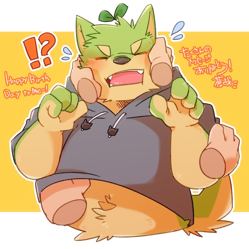 anthro black_nose blush clothing eyes_closed green_body group hoodie humanoid_hands kemono male navel slightly_chubby solo_focus text topwear green_bell canid canine mammal 2022 english_text hi_res japanese_text translation_request