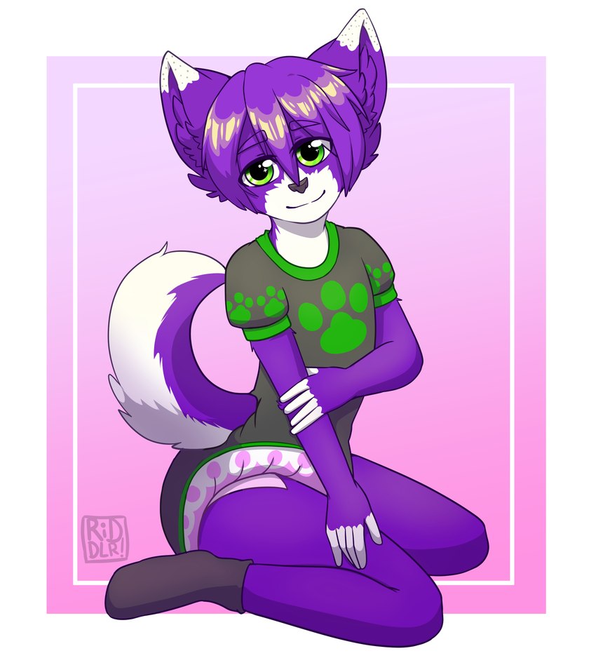 ageplay anthro closed_smile clothed clothing diaper diaper_under_clothing fur glistening glistening_eyes gradient_background green_eyes grey_onesie hair infantilism kneeling looking_at_viewer male mouth_closed onesie pink_diaper purple_body purple_fur purple_hair purple_tail roleplay short_hair simple_background smile solo tail white_body white_diaper white_fur white_tail riddlr canid canine mammal hi_res