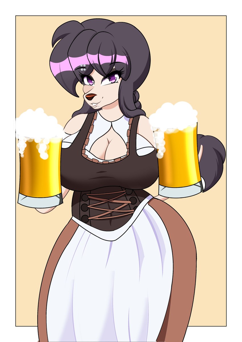 alcohol anthro arm_tuft beer beverage big_breasts big_butt black_eyeshadow black_hair braided_hair braided_ponytail breasts butt dirndl eyebrow_piercing eyeshadow facial_piercing female floppy_ears hair holidays looking_at_viewer makeup piercing ponytail purple_eyes simple_background smile smiling_at_viewer solo tail tail_tuft tuft wide_hips wrist_tuft zelripheth oktoberfest alys_faiblesse_(zelripheth) canid canine canis domestic_dog mammal poodle standard_poodle absurd_res hi_res