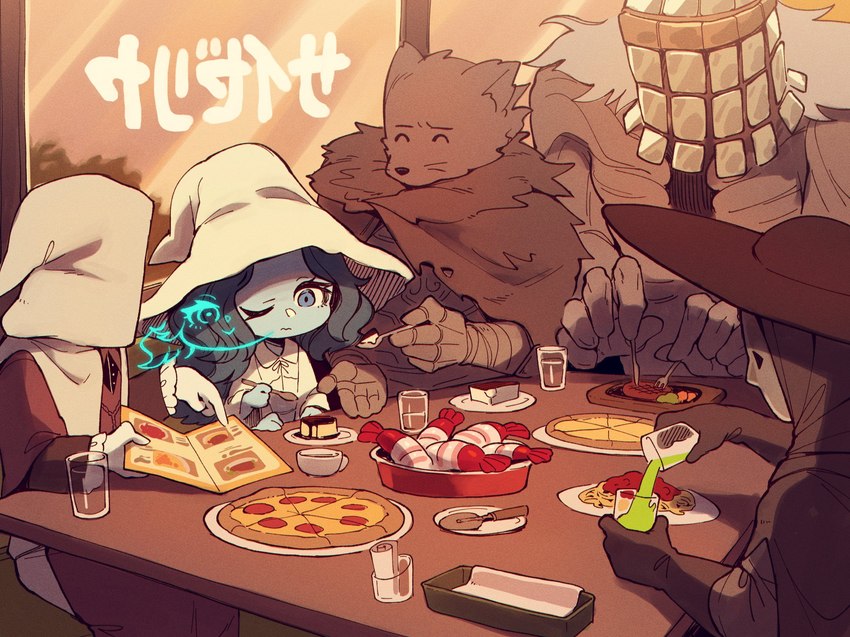 anthro clothing doll eating female flan food group hat headgear headwear macro male party pizza shrimp_(food) wizard_hat zombiemiso elden_ring fromsoftware blaidd_(elden_ring) preceptor_seluvis ranni_the_witch tarnished_(elden_ring) war_counselor_iji animate_inanimate canid canine canis human humanoid living_doll mammal wolf hi_res