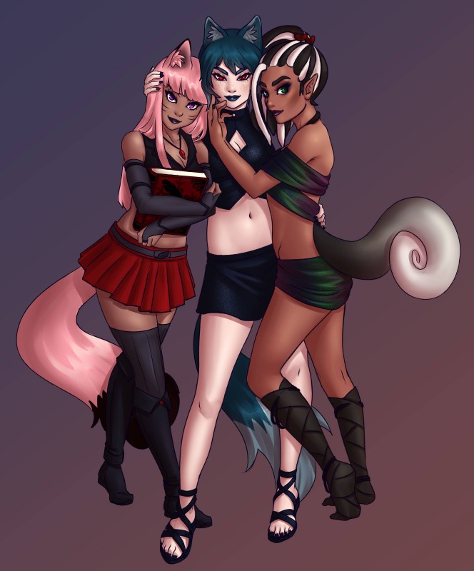 breasts cleavage clothed clothing female fur group hair humanoid_pointy_ears markings midriff pointy_ears whisker_markings figgylicious bunny_and_fox_world ania_(fu8) arctix_(talaniss) cami_(figgylicious) animal_humanoid arctic_fox canid canid_humanoid canine canine_humanoid chameleon chameleon_humanoid fox fox_humanoid humanoid lizard lizard_humanoid mammal mammal_humanoid reptile reptile_humanoid scalie scalie_humanoid true_fox absurd_res hi_res