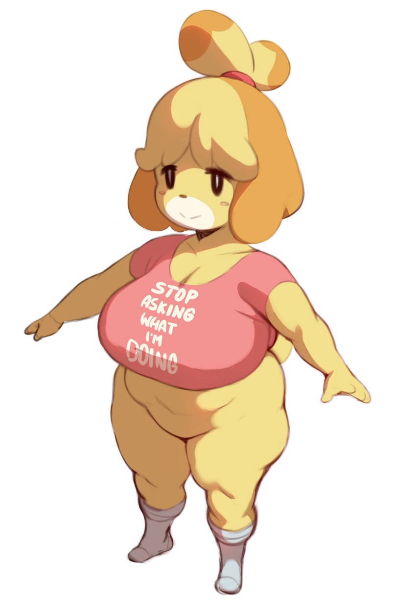 anthro belly big_breasts breasts cleavage clothed clothing featureless_crotch female footwear hair huge_breasts ponytail shirt short_stack slightly_chubby socks solo t-pose text thick_thighs topwear wide_hips forastero animal_crossing nintendo isabelle_(animal_crossing) canid canine canis domestic_dog mammal absurd_res digital_media_(artwork) english_text hi_res