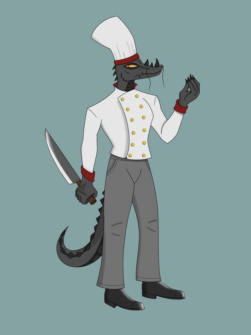 anthro black_body black_scales chef_hat chef_uniform clothing footwear hat headgear headwear horn knife male pupils red_pupils scales shoes simple_background slit_pupils solo yellow_sclera chris_monty vincenzo_(chris_monty) demon reptile scalie 3:4 hi_res