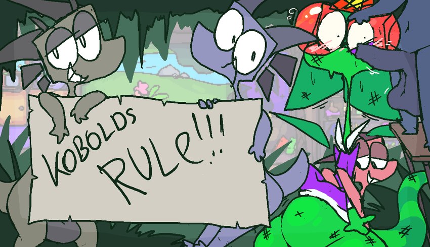 anthro balls belly blush bodily_fluids bruised bruised_eye foreskin genitals green_body group horn imminent_rape looking_at_viewer male male/male penis sweat text roksim roksim_the_time_mage kobold scalie