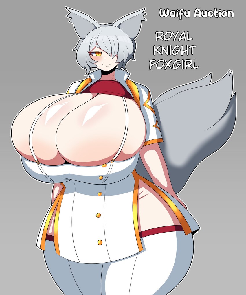 areola areola_slip big_breasts breasts bulging_breasts cleavage clothed clothing female glistening glistening_body grey_hair grey_tail hair huge_breasts looking_at_viewer outline short_hair smile solo standing tail text thick_thighs white_clothing white_outline wide_hips duskyer animal_humanoid canid canid_humanoid canine canine_humanoid fox_humanoid humanoid mammal mammal_humanoid 5:6 absurd_res english_text hi_res