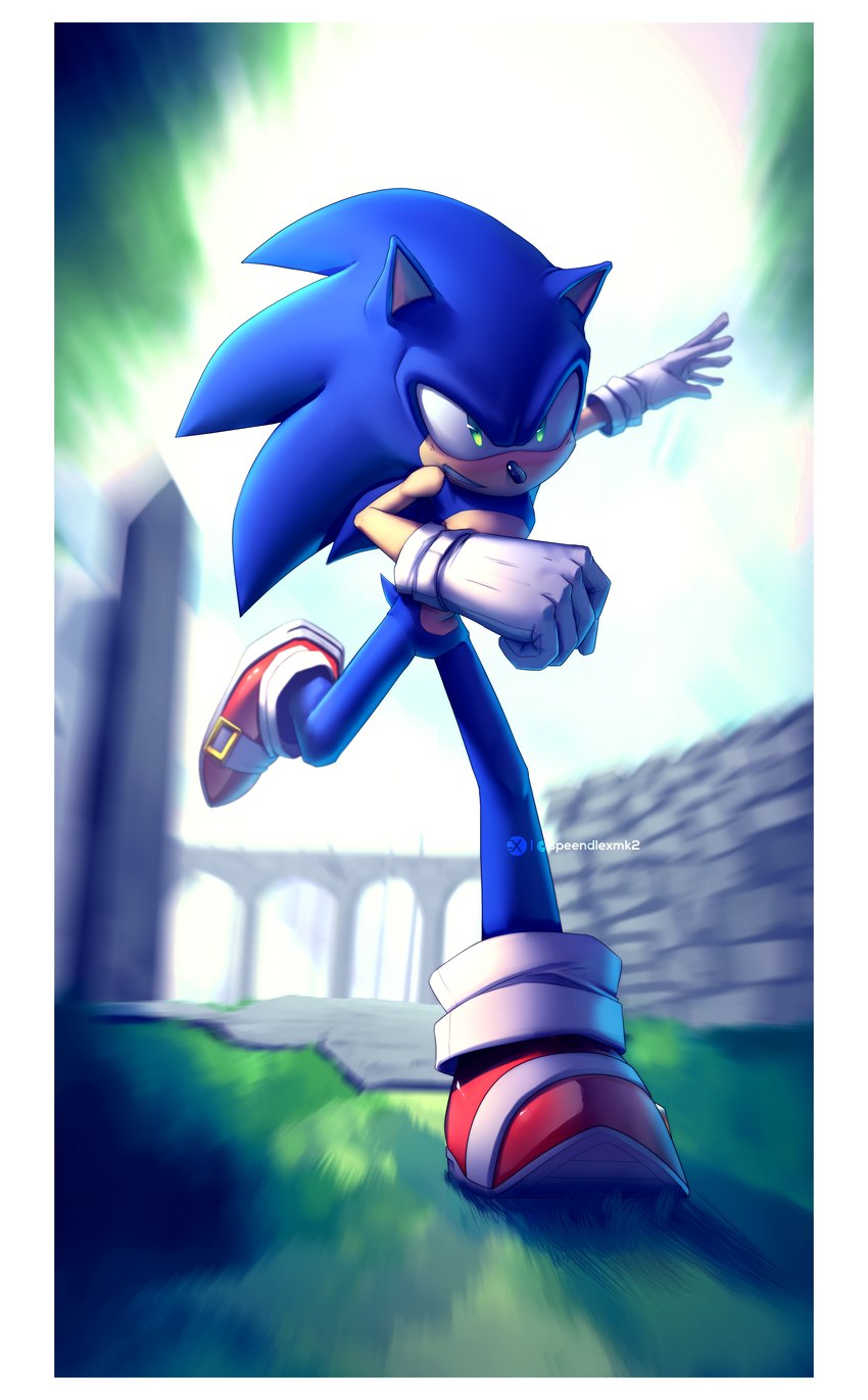 anthro blue_body clothing detailed_background footwear game_background gloves grass handwear male plant ruins running shoes solo speendlexmk2 sega sonic_the_hedgehog_(series) sonic_the_hedgehog eulipotyphlan hedgehog mammal absurd_res hi_res