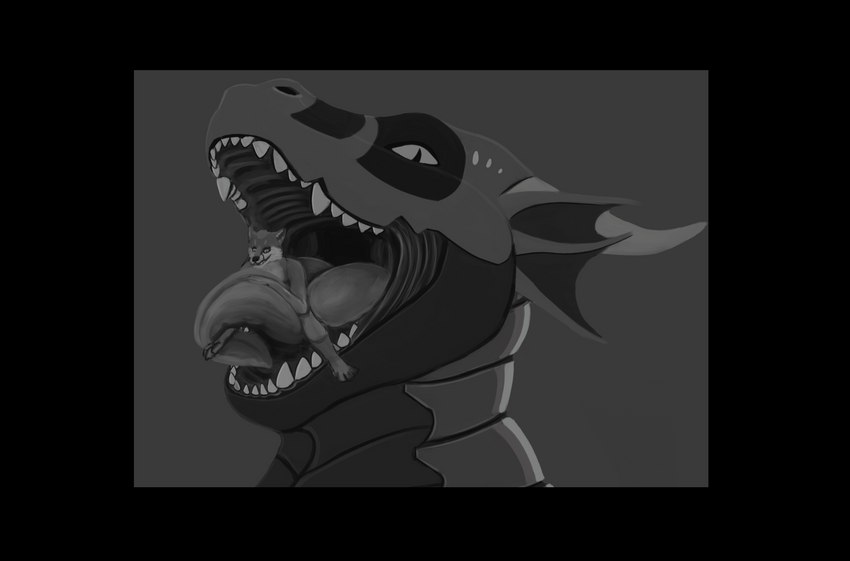 anthro black_border border duo extreme_size_difference horn licking looking_at_viewer male male/male on_tongue open_mouth oral_vore sitting sitting_on_tongue size_difference smile soft_vore teeth throat tongue tongue_out vore rektalius mythology canid canine dragon fox mammal mythological_creature mythological_scalie scalie synth_(vader-san) hi_res monochrome sketch