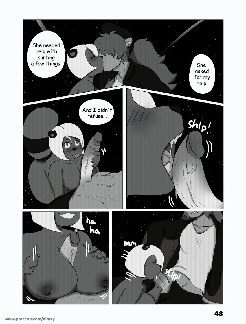 anthro big_breasts breast_play breasts dialogue duo fellatio female genitals inner_monologue licking male male/female oral penile penis penis_lick sex shlip shortened_sound_effect sound_effect_variant sound_effects text thinking titfuck tongue tongue_out vein veiny_penis vowelless vowelless_sound_effect vowelless_vocalization nimzy felid mammal procyonid raccoon comic english_text hi_res monochrome url