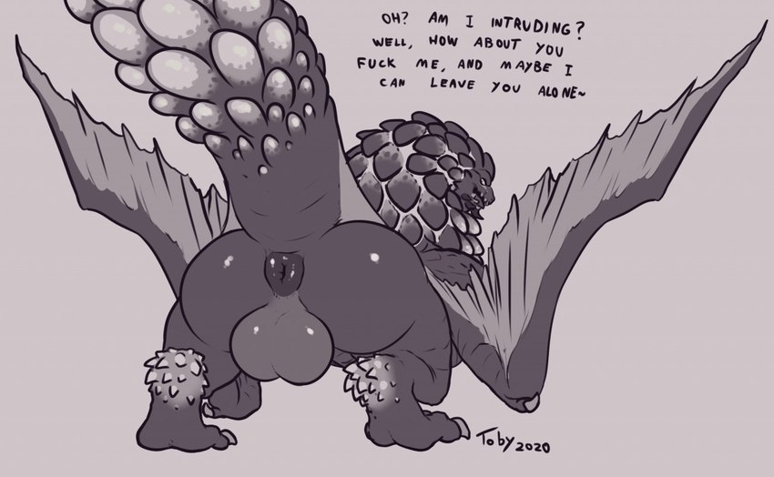 anus balls big_balls big_butt butt claws dialogue feral genitals inviting looking_at_viewer male membrane_(anatomy) membranous_wings presenting presenting_anus presenting_balls presenting_hindquarters profanity puffy_anus scales solo tail text thick_tail thick_thighs wings toby_art capcom european_mythology monster_hunter mythology bazelgeuse dragon flying_wyvern mythological_creature mythological_scalie scalie western_dragon wyvern english_text