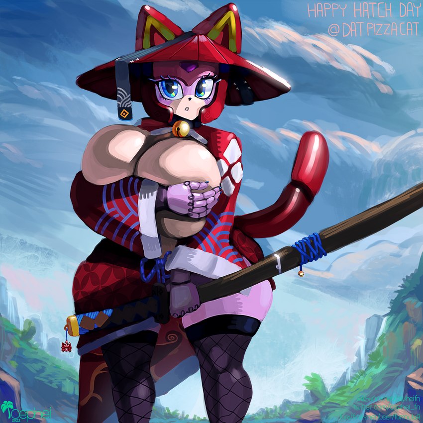 anthro asian_clothing bell bell_collar big_breasts breasts clothing collar detailed_background east_asian_clothing female fishnet_clothing fishnet_legwear forest hand_over_breast hat headgear headwear hiding_breasts huge_breasts japanese japanese_clothing jungle katana kimono legwear looking_at_viewer machine melee_weapon outside plant samurai shy solo standing stockings sword thick_thighs tree warrior weapon wide_hips cephei sefkitsune samurai_pizza_cats polly_esther domestic_cat felid feline felis humanoid mammal robot robot_humanoid 1:1 hi_res