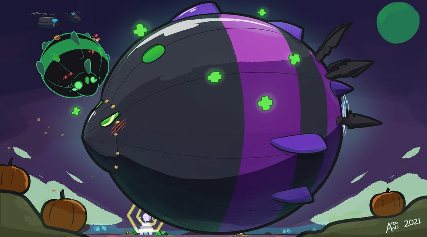 black_body blush blush_lines food fruit green_body heart_symbol hyper hyper_inflation inflation love plant pumpkin purple_body purple_sky sand sky text areoants bloons_tower_defense ninja_kiwi gravelord_lych 2021 artist_name dated hi_res