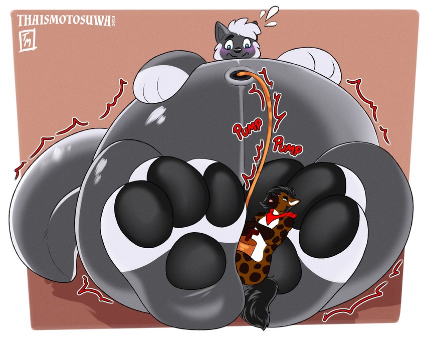 anthro duo extreme_size_difference feet foot_fetish foot_focus foot_play hose hose_inflation inflatable inflatable_ride inflatable_toy inflated_belly inflating inflation inflation_fetish macro male male/male micro micro_male pawpads paws size_difference conditional_dnp thaismotosuwa archiewhitepaw menzo canid canine canis hyena mammal wolf 2024 5:4 absurd_res hi_res