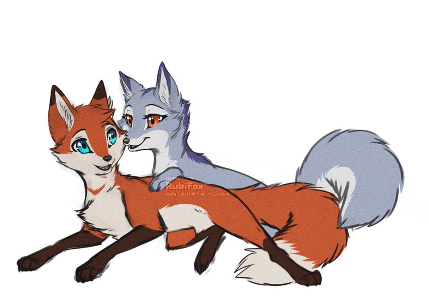 blue_eyes crotch_tuft cuddling duo feral fur grey_body grey_fur orange_body orange_eyes orange_fur tuft rukifox ice_(rukifox) riu_(rukifox) canid canine fox mammal