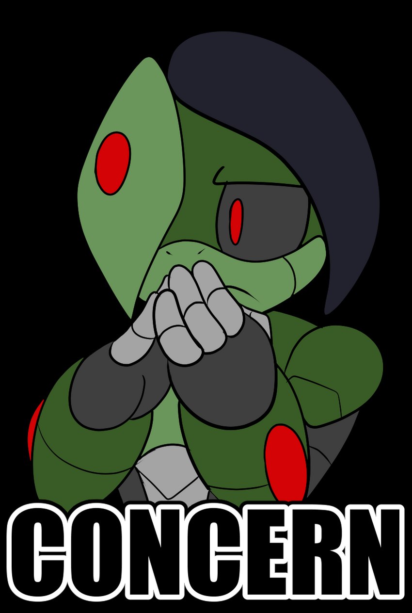 4_fingers anthro black_body black_hair black_sclera fingers green_body grey_body hair hands_together machine male multicolored_body one_eye_obstructed red_eyes solo chaoscroc concern_(meme) chaos_croc crocodilian reptile robot scalie 2024 alpha_channel hi_res