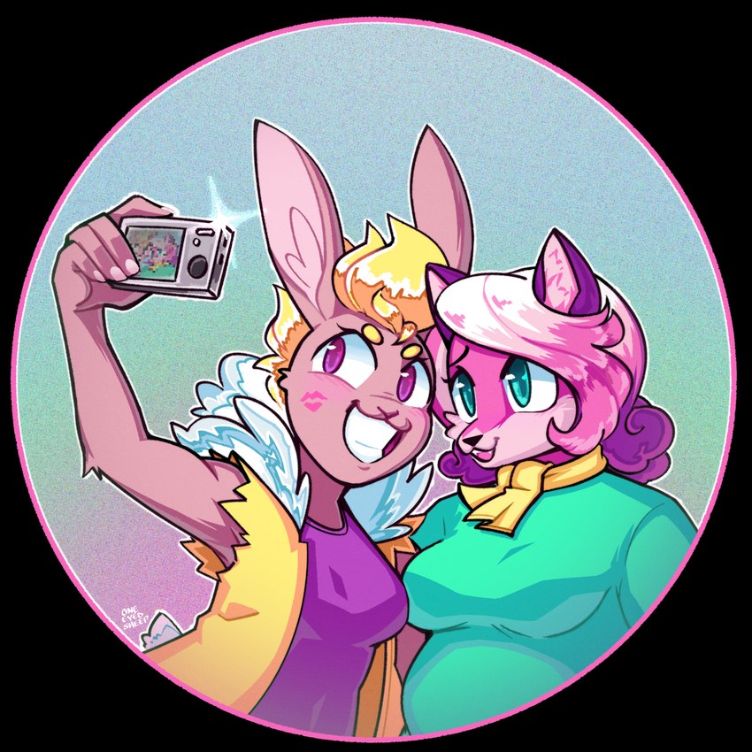 anthro anthro_on_anthro camera canon_couple circle_background clothing duo female female/female female_anthro green_clothing green_shirt green_topwear kiss_mark selfie shirt topwear oneeyedsheep super_lesbian_animal_rpg allison_goleta melody_amaranth canid canine cottontail_rabbit desert_cottontail_rabbit fox lagomorph leporid mammal rabbit red_fox true_fox 1:1 2023 alpha_channel hi_res trans_(lore) trans_woman_(lore)