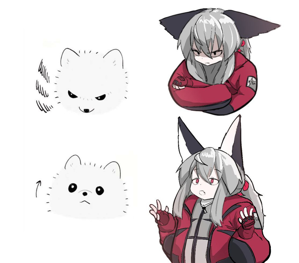 angry annoyed anthro ball big_ears chart chibi clothing coat comparison confusion crossed_arms ear_tuft female feral feral_representation fingerless_gloves fluffy fur gesture gloves grey_hair grumpy hair handwear jacket long_hair multi_panel open_mouth pupils red_clothing red_eyes red_jacket red_topwear round_body shrug simple_background slit_pupils solo topwear tuft white_background white_body white_fur ikino_darkino arctic_fox canid canine canis fox human mammal true_fox wolf comic digital_media_(artwork) line_art meme reaction_image sketch