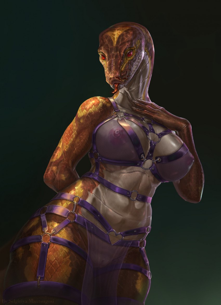 anthro areola belly big_breasts biped blep bondage_gear breasts brown_body brown_scales claws clothing countershade_breasts countershade_face countershade_neck countershade_scales countershade_torso countershading detailed_scales female finger_claws forked_tongue genitals green_background harness harness_only huge_breasts humanoid_hands ineffective_clothing labial_pit looking_at_viewer mostly_nude multicolored_body multicolored_scales nipples non-mammal_nipples orange_body orange_scales pink_areola pink_nipples pit_organ pussy red_eyes red_sclera scales simple_background solo standing tan_body tan_countershading thick_thighs tongue tongue_out translucent translucent_clothing wide_hips yellow_body yellow_scales silgiriya_mantsugosi adria_(adleisio) ball_python python python_(genus) reptile scalie snake 2021 detailed digital_media_(artwork) digital_painting_(artwork) hi_res shaded