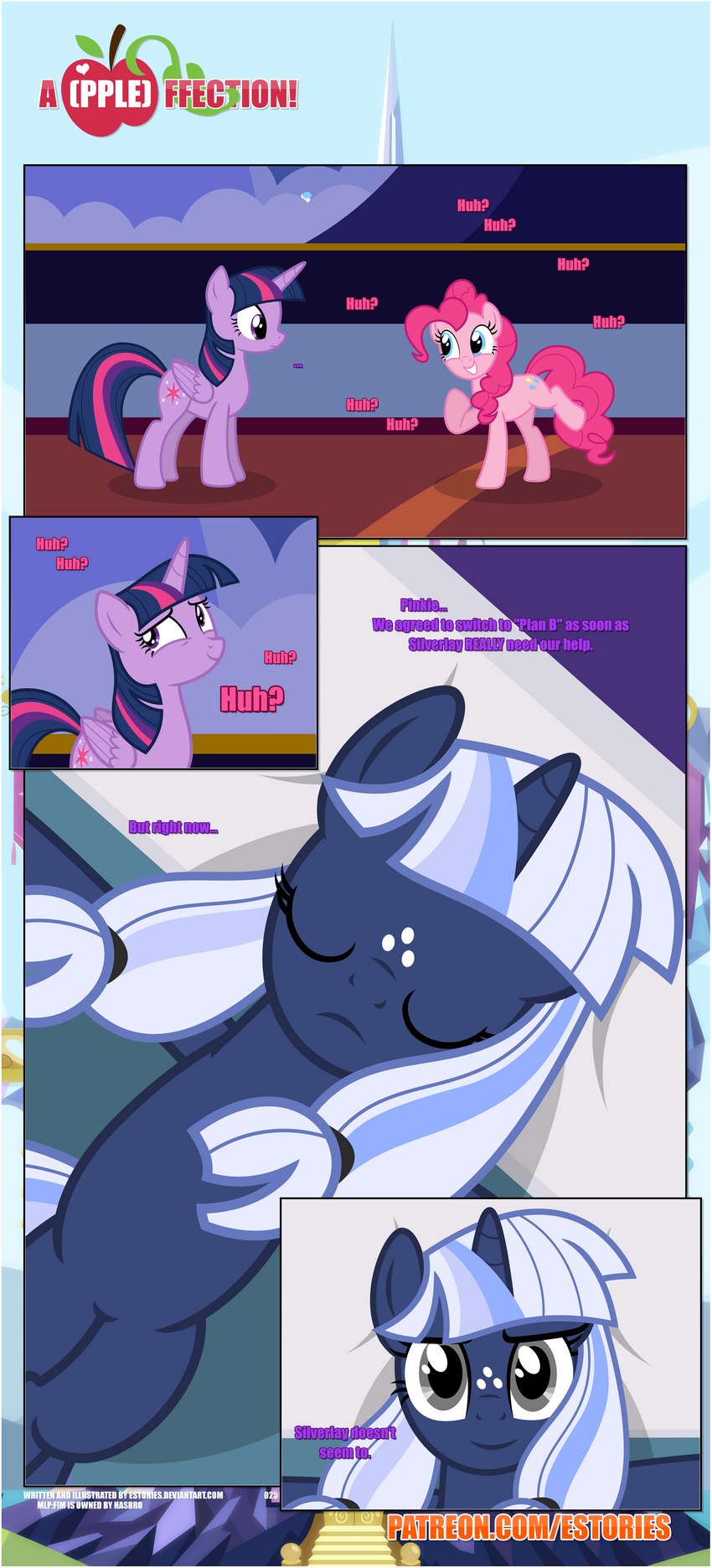 bangs bed bedroom black_border border castle_of_friendship cutie_mark determination determined dialogue ears_up eyes_closed female feral freckled_face freckles frown furniture group hallway hooves horn inside pillow raised_hoof smile trio wings estories friendship_is_magic hasbro my_little_pony mythology pinkie_pie_(mlp) silverlay_(estories) twilight_sparkle_(mlp) earth_pony equid equine horse mammal mythological_creature mythological_equine pony unicorn winged_unicorn absurd_res hi_res sibling_(lore) sister_(lore) sisters_(lore)