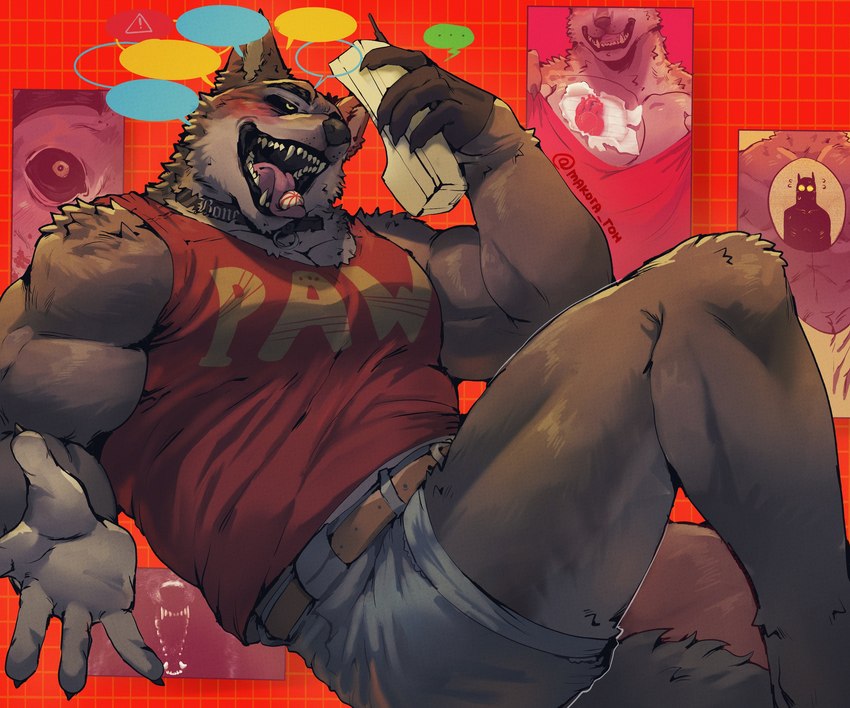 anthro blush bottomwear clothing collar electronics fangs fur male muscular muscular_anthro muscular_male pants phone shirt solo tank_top teeth tongue tongue_out topwear makota_toh canid canine mammal 6:5 absurd_res digital_drawing_(artwork) digital_media_(artwork) hi_res