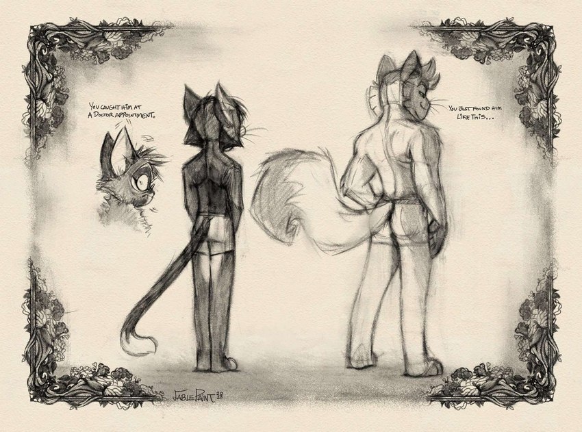 anthro butt clothed clothing duo fluffy fluffy_tail male smile smirk surprised_face tail text underwear underwear_only fablepaint lackadaisy mordecai_heller nicodeme_savoy domestic_cat felid feline felis mammal english_text hi_res tagme