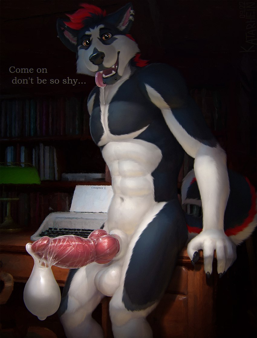 anthro athletic balls big_penis bodily_fluids condom cum erection filled_condom genital_fluids genitals huge_penis inside knot leaking_cum male night nude penis precum sexual_barrier_device smile solo thick_penis tongue tongue_out katarhein sebastian_the_husky canid canine canis domestic_dog husky mammal nordic_sled_dog spitz absurd_res hi_res