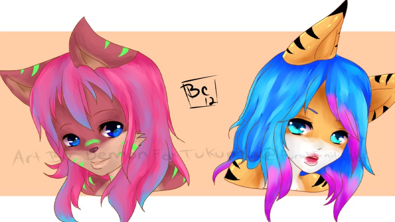 anthro black_markings blue_eyes duo female green_markings markings orange_body orange_skin simple_background tan_background demonfoxtukuma mineva una domestic_cat felid feline felis mammal pantherine tiger 2012 distracting_watermark headshot_portrait portrait watermark